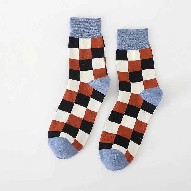 Autumn Winter English Style Pure Cotton Men's Plaid Socks