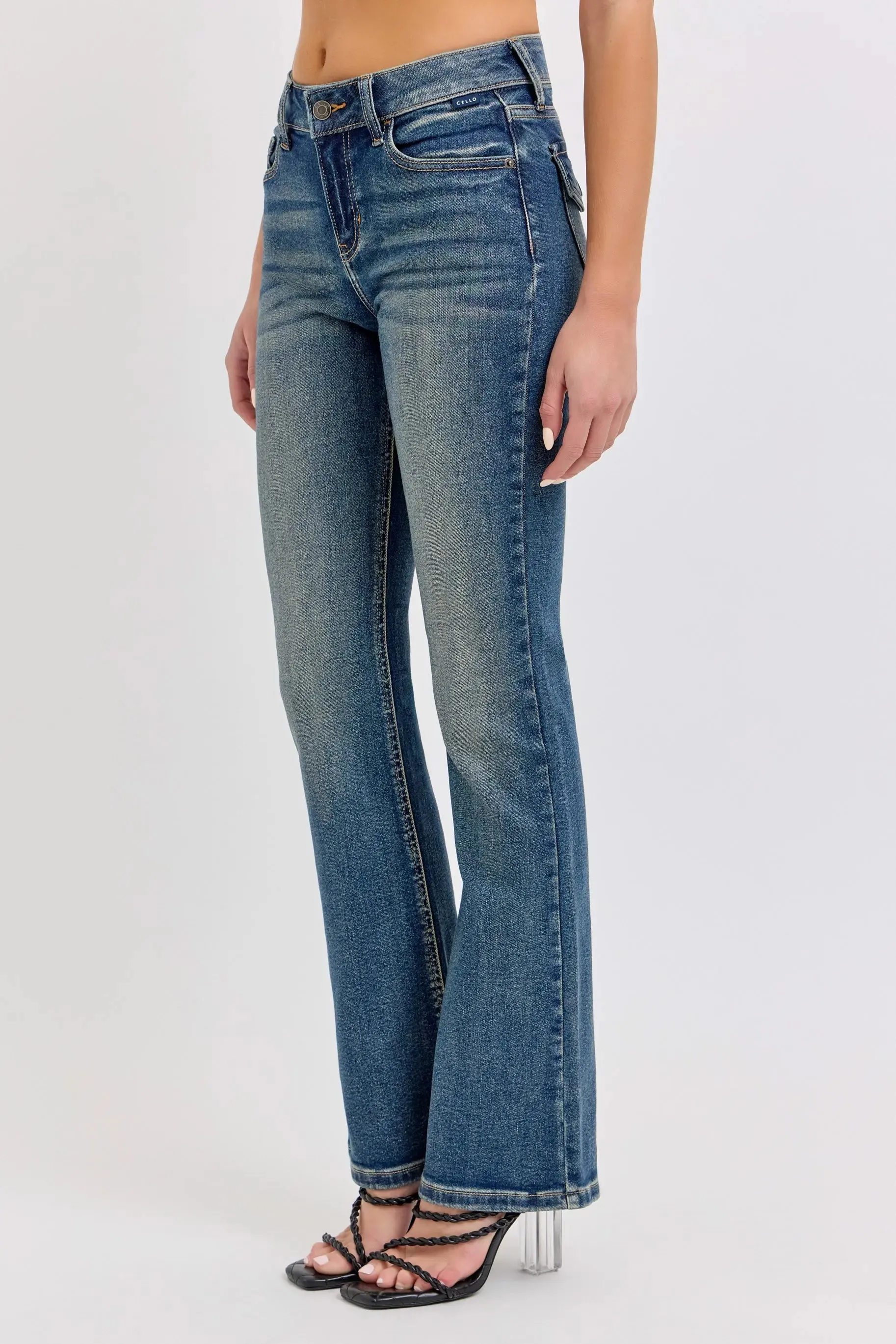 Cello Jeans Mindy Mid Rise Bootcut Jeans  Flattering Dark Wash Denim with Distressed Details