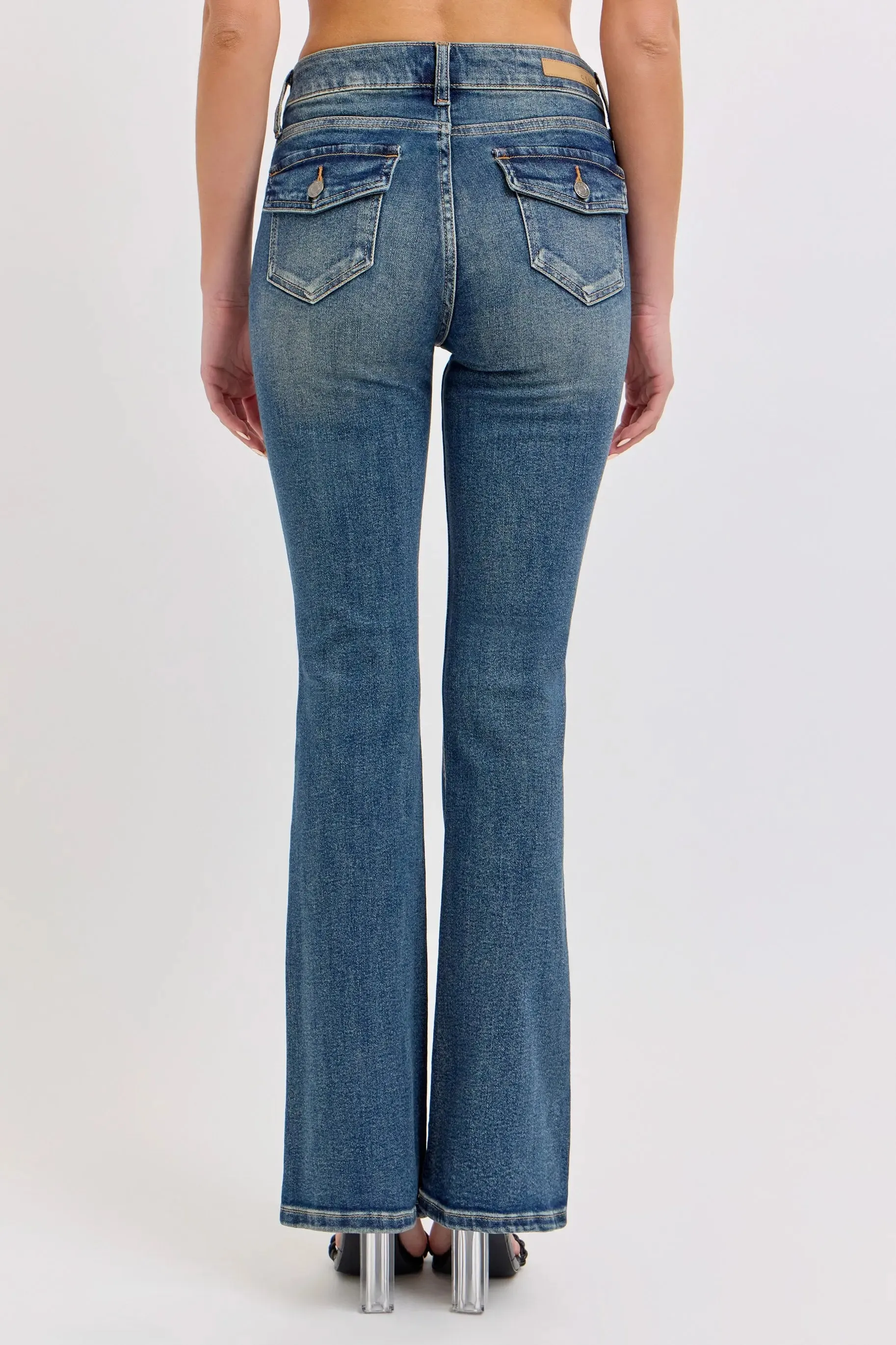 Cello Jeans Mindy Mid Rise Bootcut Jeans  Flattering Dark Wash Denim with Distressed Details