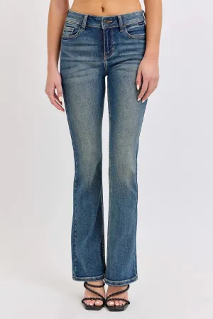 Cello Jeans Mindy Mid Rise Bootcut Jeans  Flattering Dark Wash Denim with Distressed Details