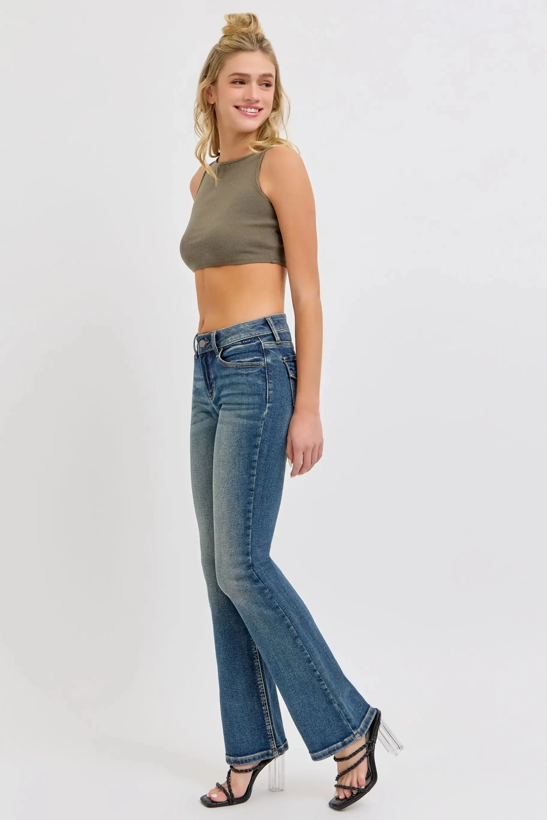 Cello Jeans Mindy Mid Rise Bootcut Jeans  Flattering Dark Wash Denim with Distressed Details