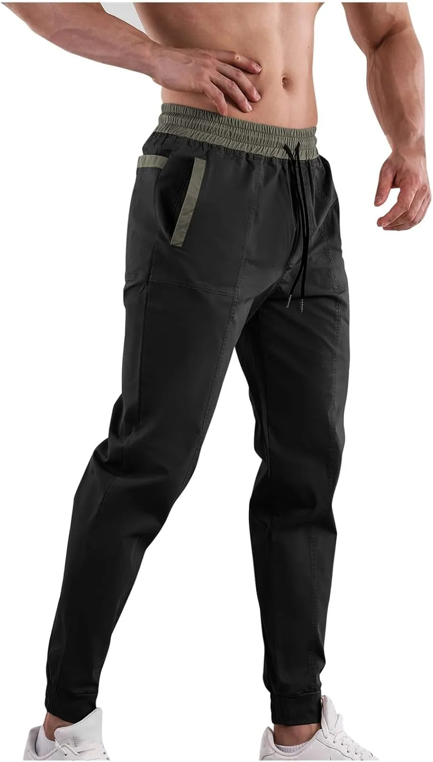 Men Casual Cargo Pants Slim Fit Joggers Sweatpants Elasticated High Waist Trousers Patchwork Tapered Pant Drawstring Bottoms