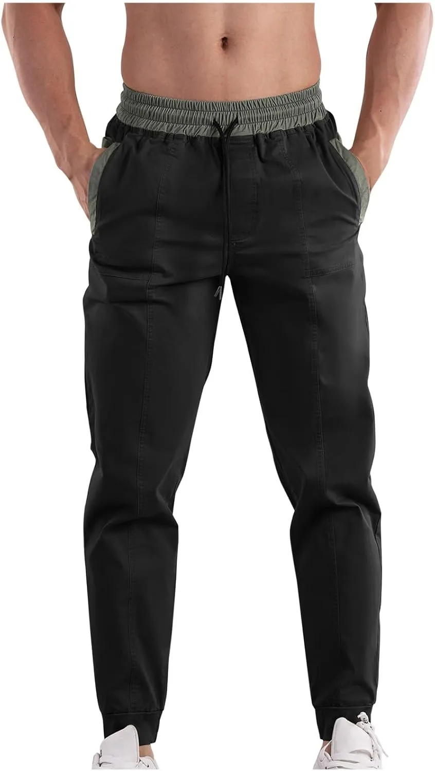 Men Casual Cargo Pants Slim Fit Joggers Sweatpants Elasticated High Waist Trousers Patchwork Tapered Pant Drawstring Bottoms