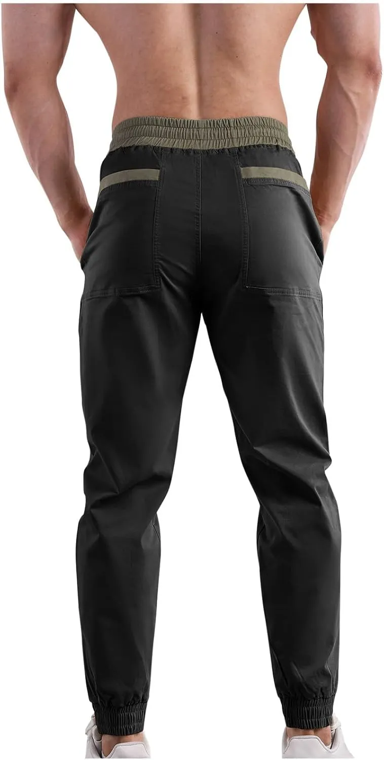 Men Casual Cargo Pants Slim Fit Joggers Sweatpants Elasticated High Waist Trousers Patchwork Tapered Pant Drawstring Bottoms