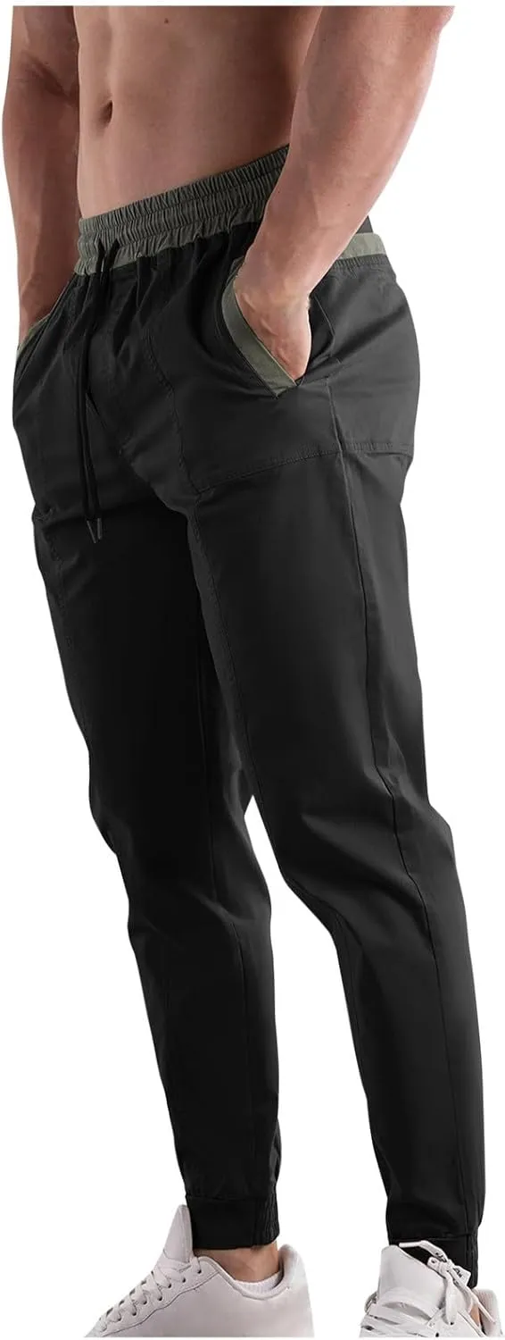Men Casual Cargo Pants Slim Fit Joggers Sweatpants Elasticated High Waist Trousers Patchwork Tapered Pant Drawstring Bottoms