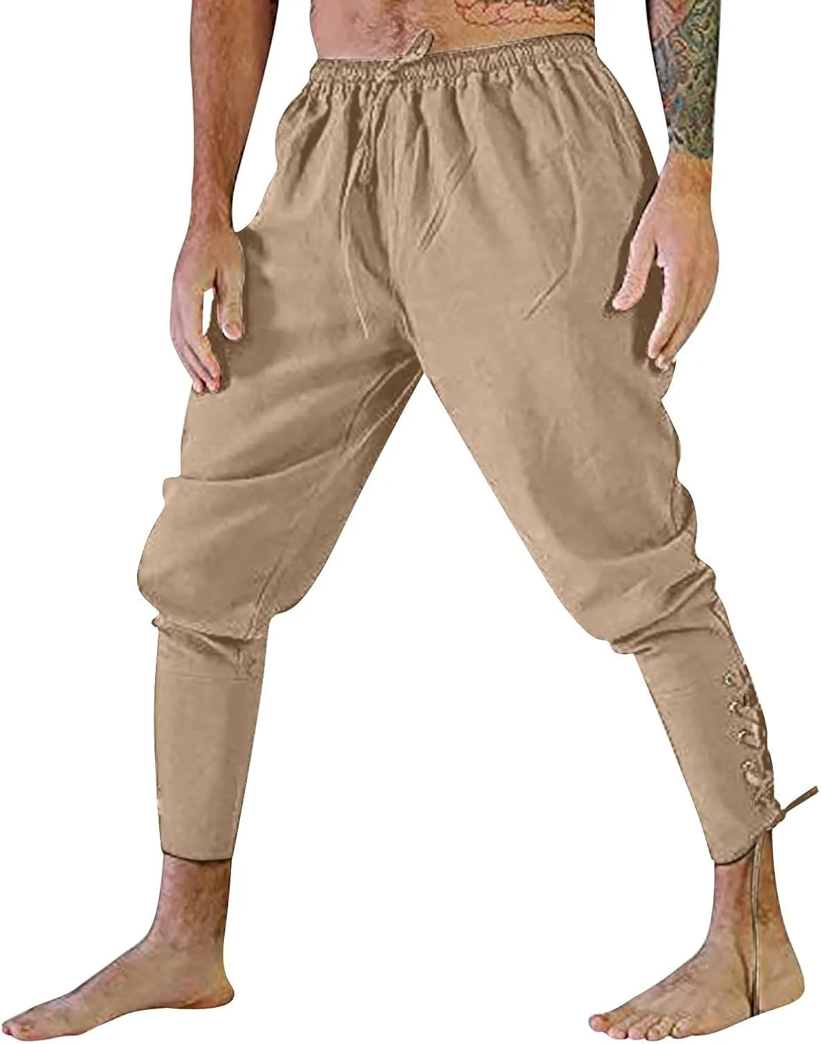 Men's Renaissance Viking Pirate Pants Cotton Ankle Banded with Drawstrings for Cosplay Costume Parties or Fun