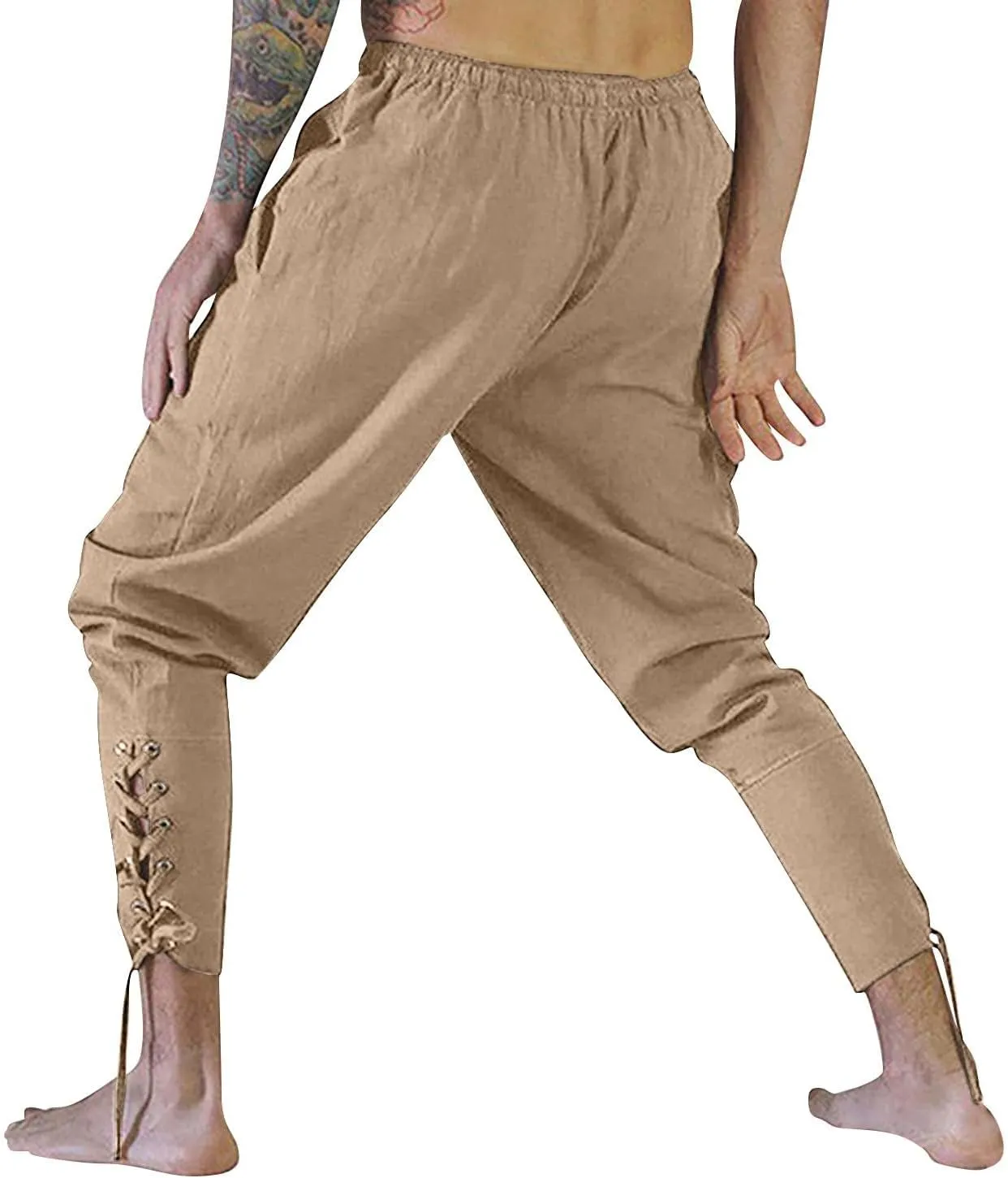 Men's Renaissance Viking Pirate Pants Cotton Ankle Banded with Drawstrings for Cosplay Costume Parties or Fun