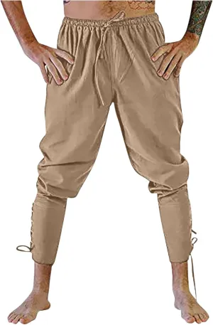 Men's Renaissance Viking Pirate Pants Cotton Ankle Banded with Drawstrings for Cosplay Costume Parties or Fun