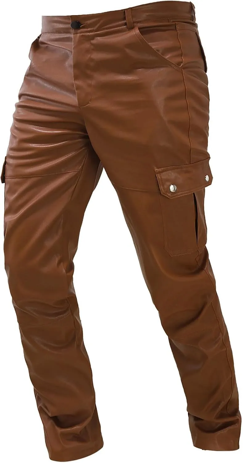 Mens Steampunk Gothic Pants Retro Motocycle Biker Pants Slim Fit PU Punk Trousers Night Club Hot Pant Halloween Costume