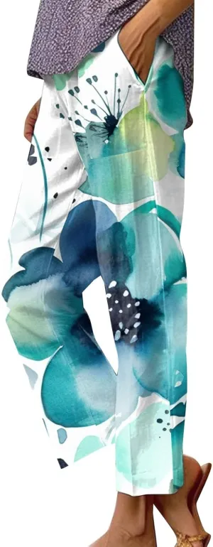 Summer Pants for Women 2024 Trendy Floral Print Elastic Waist Pants Straight Leg Baggy Comfy Trousers with Pocket