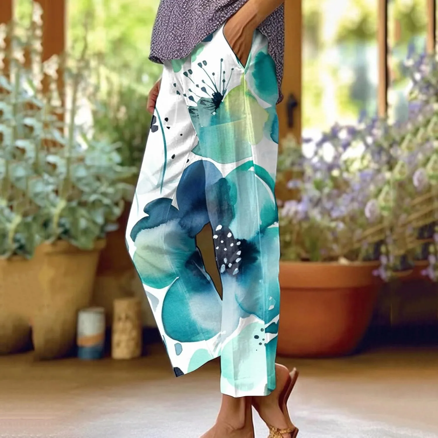 Summer Pants for Women 2024 Trendy Floral Print Elastic Waist Pants Straight Leg Baggy Comfy Trousers with Pocket