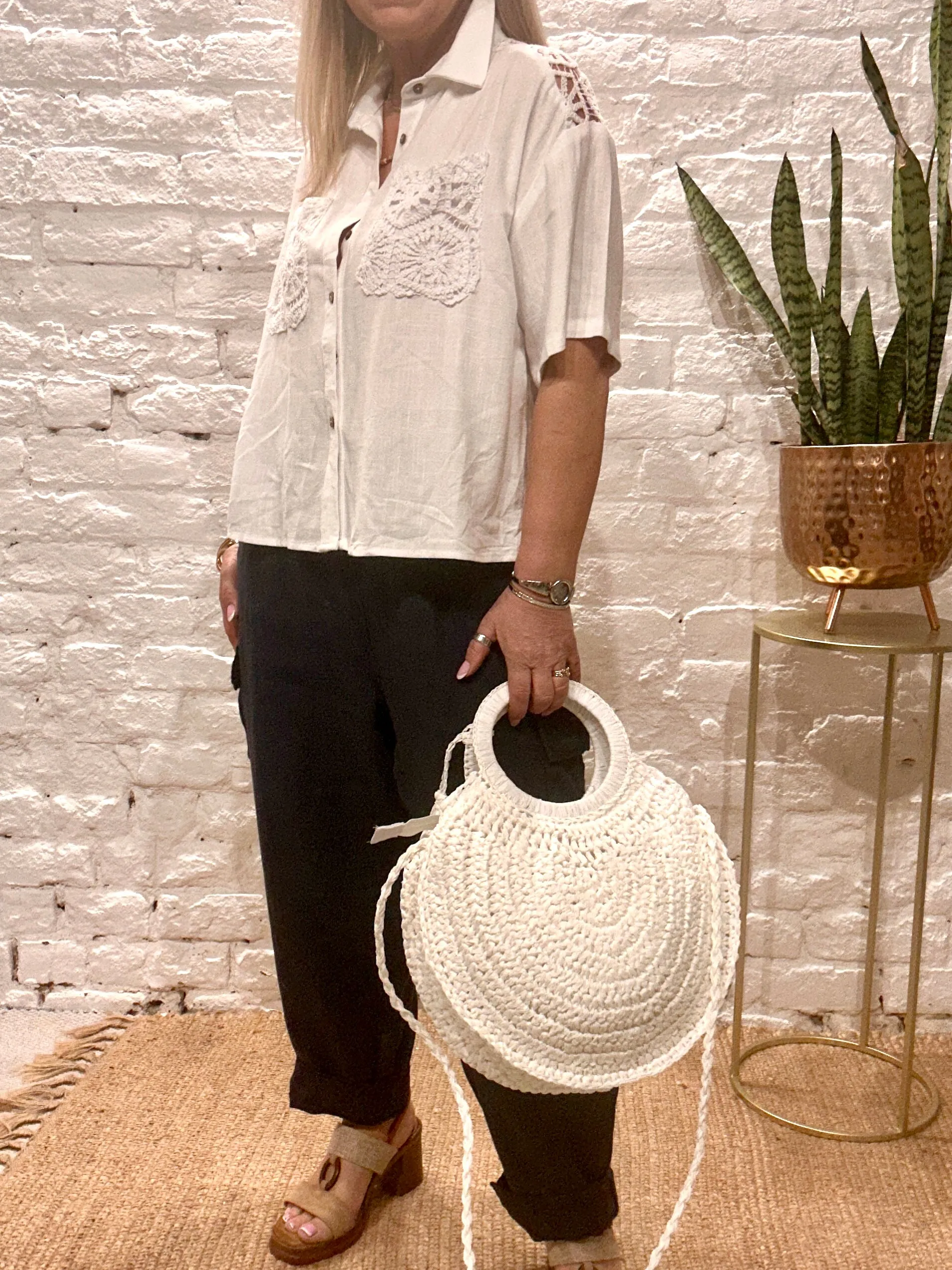 The Au Natural Crochet Short Sleeve Button Through Shirt With pockets No 3