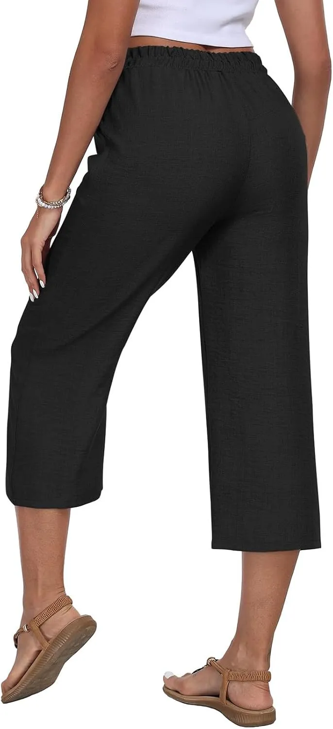 Womens Cotton Linen Capri Trousers Elasticated Waist Cropped Pants 3/4 Trouser Summer Drawstring Sweatpants