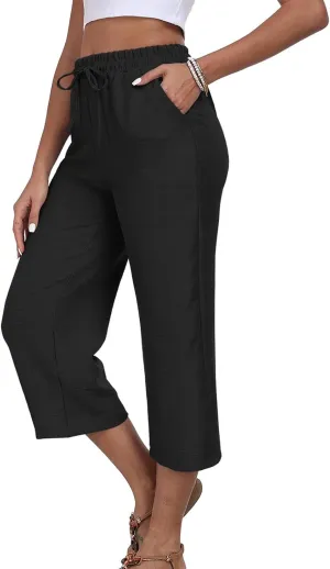 Womens Cotton Linen Capri Trousers Elasticated Waist Cropped Pants 3/4 Trouser Summer Drawstring Sweatpants