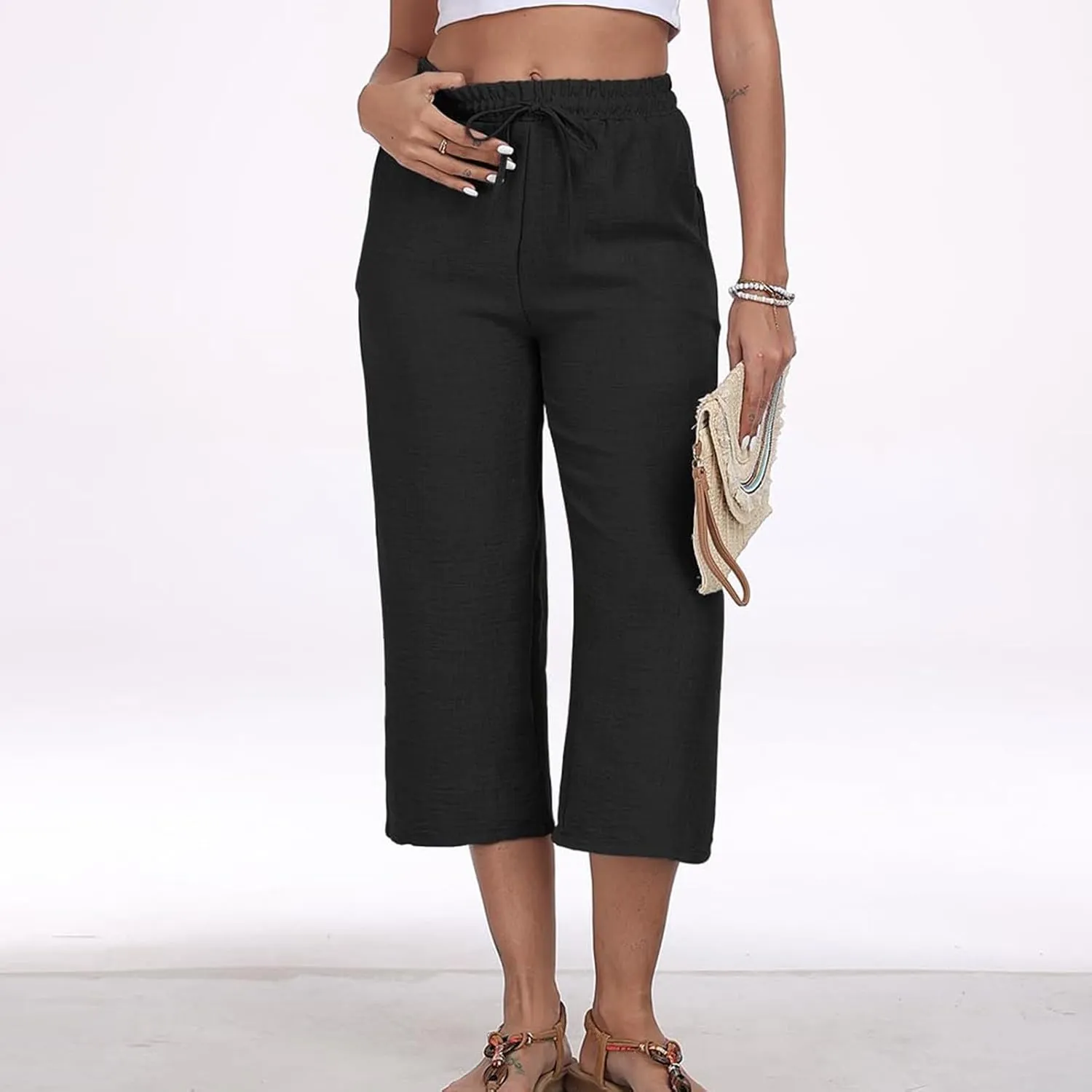 Womens Cotton Linen Capri Trousers Elasticated Waist Cropped Pants 3/4 Trouser Summer Drawstring Sweatpants
