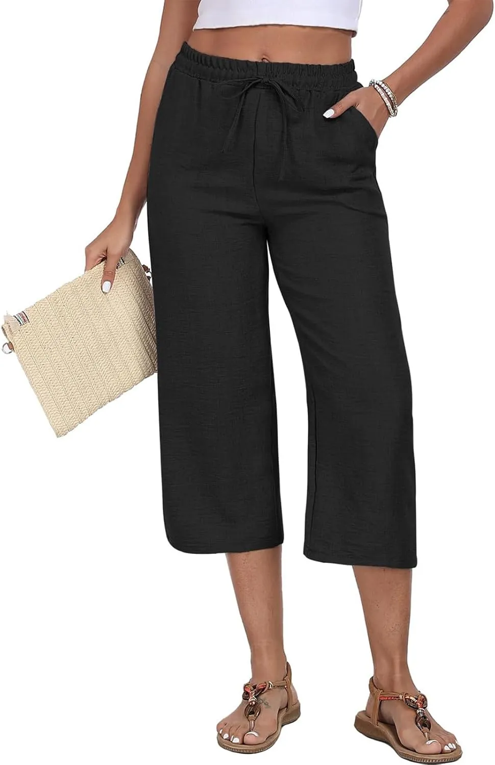 Womens Cotton Linen Capri Trousers Elasticated Waist Cropped Pants 3/4 Trouser Summer Drawstring Sweatpants