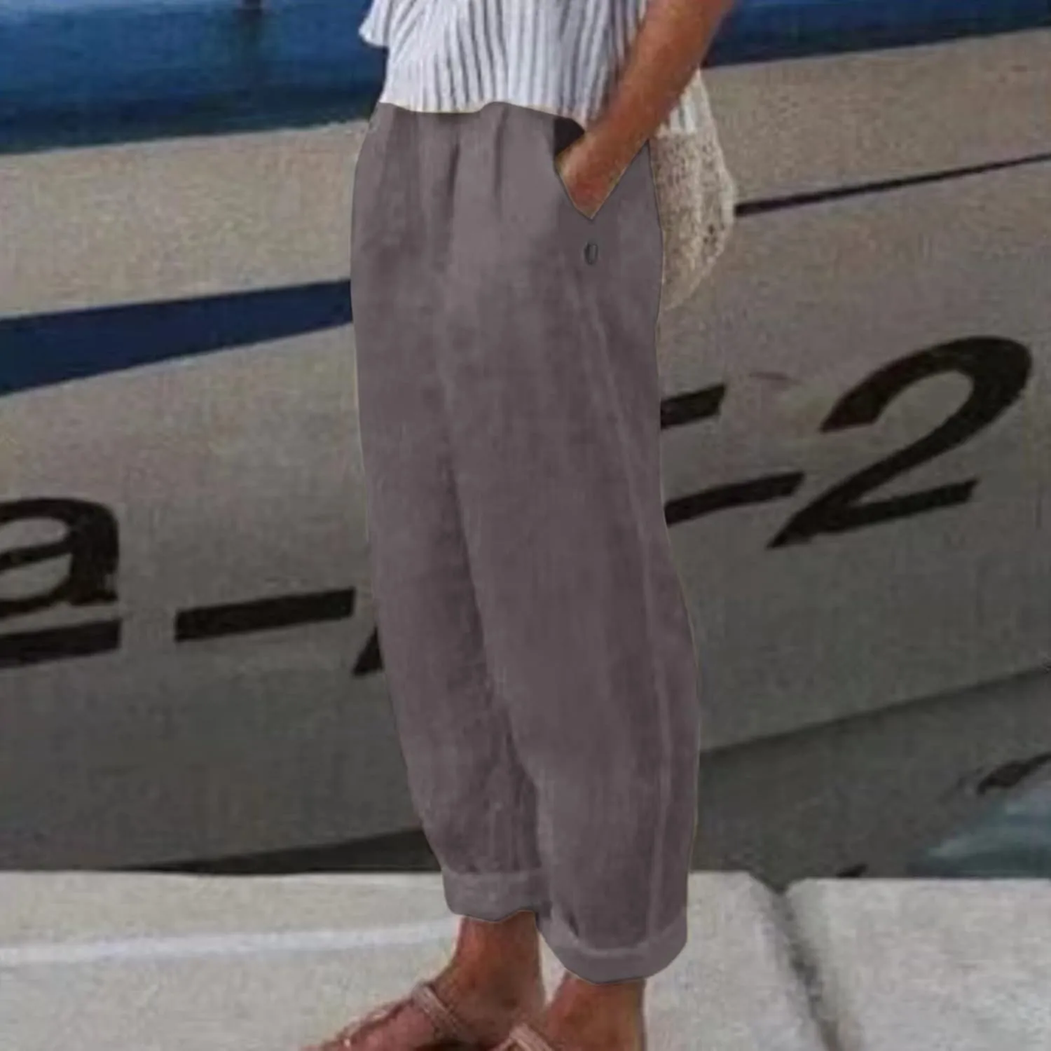 Women's Cotton Linen Summer Palazzo Pants Drawstring Elastic Flowy High Waisted Wide Leg Beach Trousers with Pockets