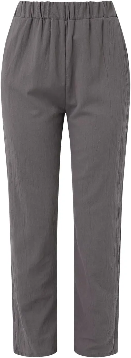 Women's Cotton Linen Summer Palazzo Pants Drawstring Elastic Flowy High Waisted Wide Leg Beach Trousers with Pockets