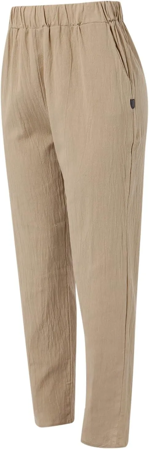 Women's Cotton Linen Summer Palazzo Pants Drawstring Elastic Flowy High Waisted Wide Leg Beach Trousers with Pockets