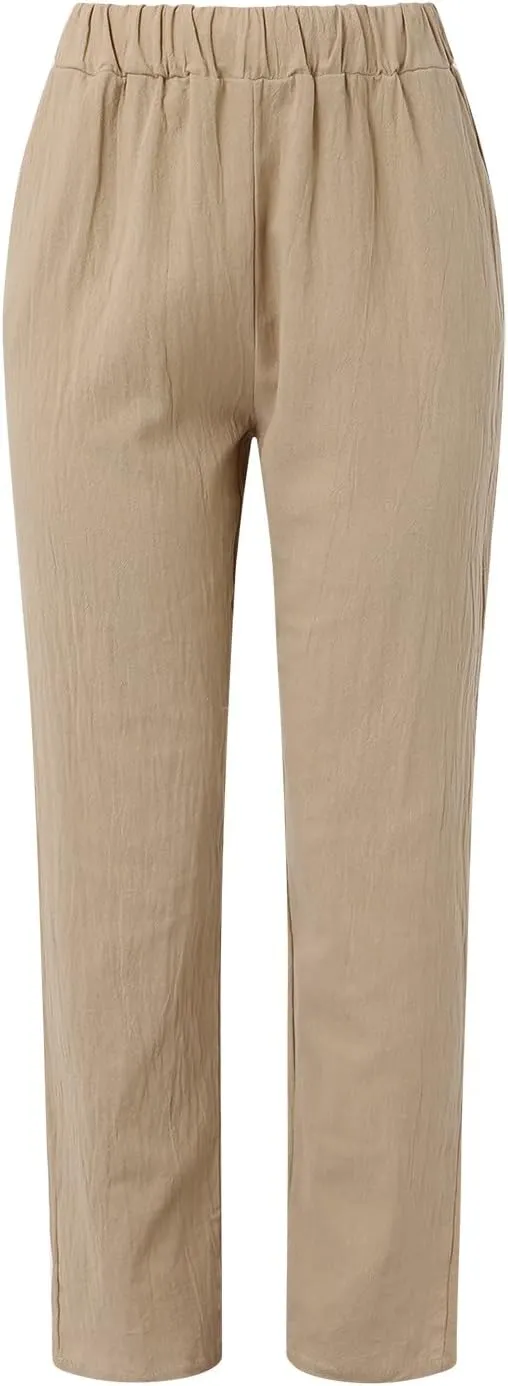 Women's Cotton Linen Summer Palazzo Pants Drawstring Elastic Flowy High Waisted Wide Leg Beach Trousers with Pockets