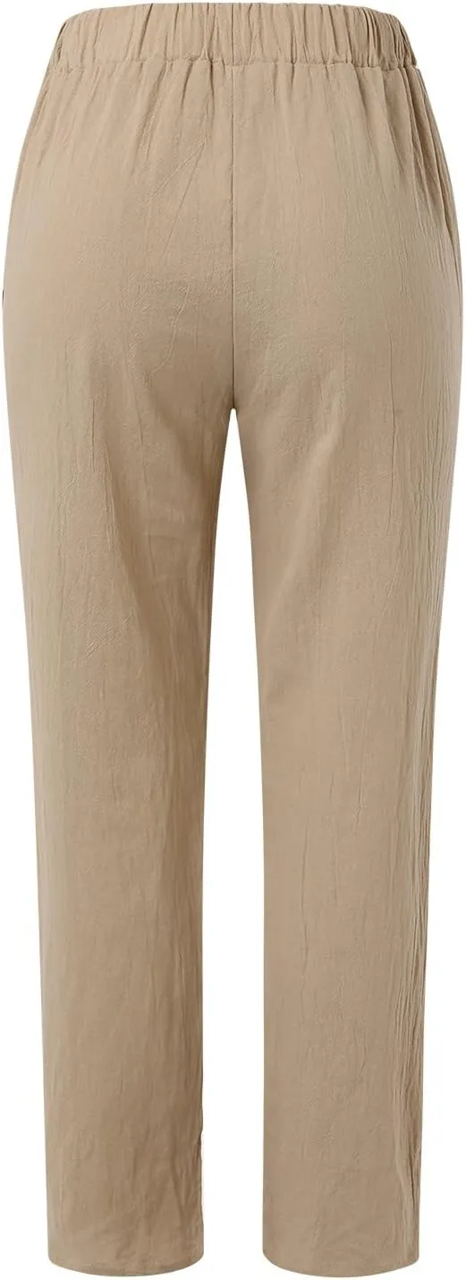 Women's Cotton Linen Summer Palazzo Pants Drawstring Elastic Flowy High Waisted Wide Leg Beach Trousers with Pockets