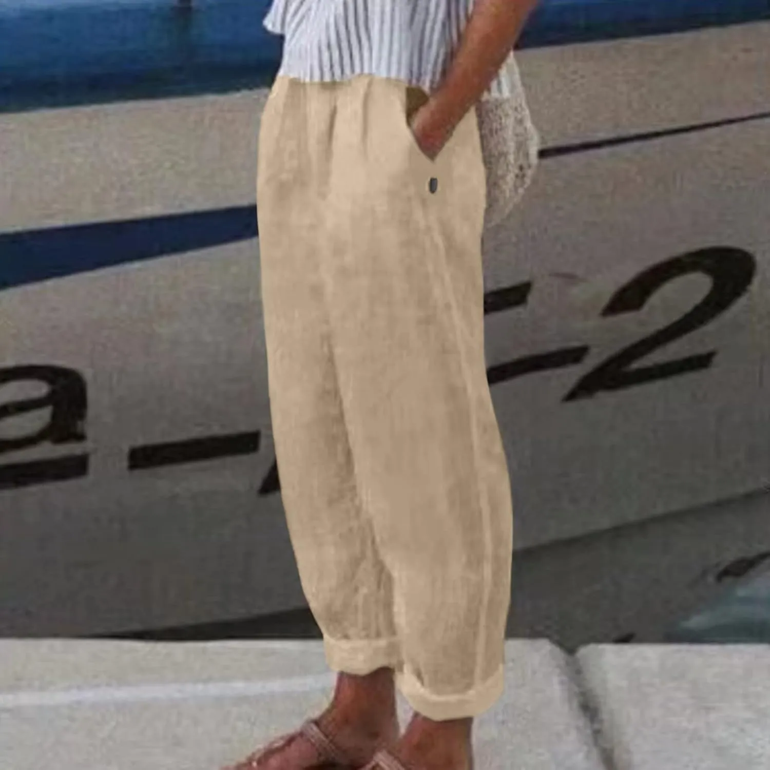 Women's Cotton Linen Summer Palazzo Pants Drawstring Elastic Flowy High Waisted Wide Leg Beach Trousers with Pockets