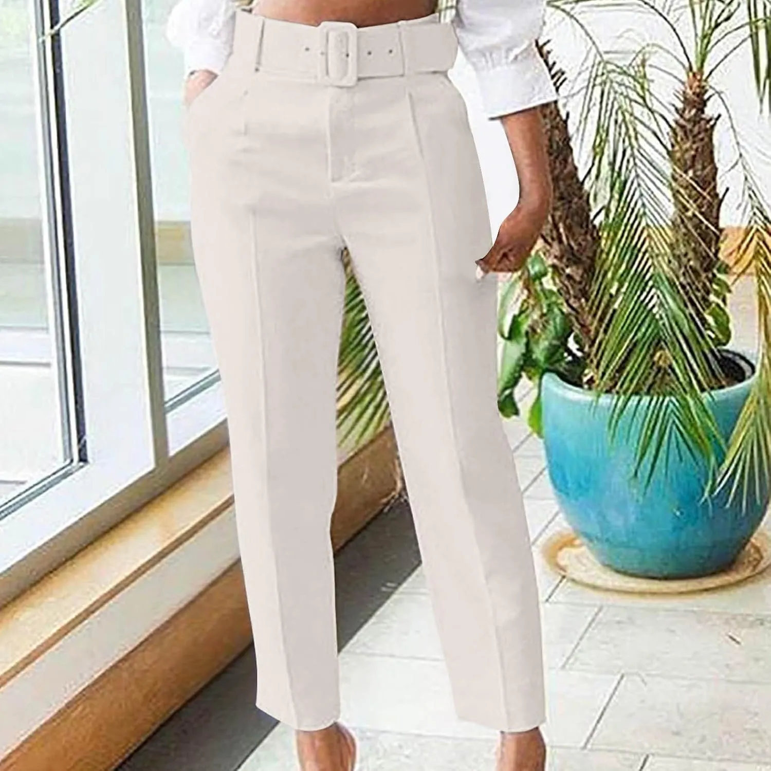 Women's Elegant High Waist Belted Pants Casual Pleated Straight Leg Trousers Office Suit Pants Trousers with Pockets