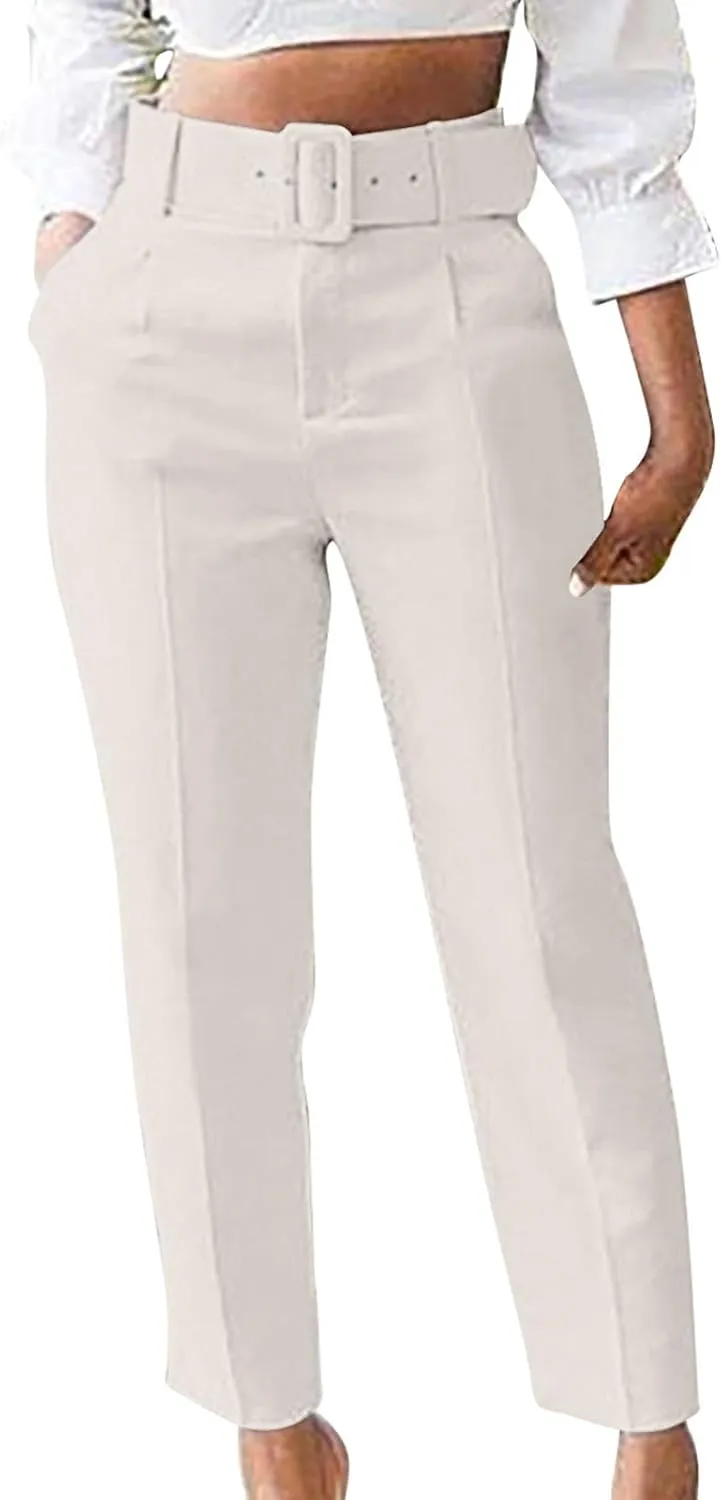 Women's Elegant High Waist Belted Pants Casual Pleated Straight Leg Trousers Office Suit Pants Trousers with Pockets